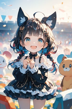 loli, girl, arabesque, concept art, cookie mascot, chocolate mascot, crowd of anime characters standing, background, flower field, half body shot, front view, dynamic angle, cowboy shot, rule of thirds, masterpiece, best quality, exquisite, cute, dreamcore, colored pencil drawing, soft surface, heart shape, soft edges, chibi, main artwork, motion blur, dramatic lighting, cinematic lighting, 1/1000 second shutter speed, in focus with blurry background, rich colors, happy, cheerful, joyful, smiling, laughing, cheerful smiling, hands on hips, making a heart with fingers, looking at viewer, ahoge, blunt bangs, low pigtails, braids, colorful hair, blue eyes, eyes wide open, shiny skin, chibi, skinny, off the shoulder top, frilly clothing, undressed, gothic lolita, ribbon, japanese idol, heartwarming scene,Deformed,glitter,dal-6 style