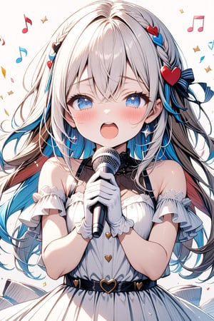 Masterpiece, upper body, one girl, solo, long hair, blushing, open mouth, brown hair, hair accessory, gloves, holding, hair between eyes, blue clear eyes, white hair, colorful hair, striped hair, microphone, music, confetti, holding microphone, singing, musical notes, ♬, heart, ♡, ((Five Line Stuff: 1.5)),Deformed