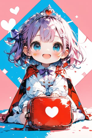 Masterpiece, beautiful details, perfect focus, uniform 8K wallpaper, high resolution, exquisite texture down to the smallest detail, (((deformed, chibi, (((two-headed: 1.5))), ((clipping art style illustration: 1.4)), heart \(symbol\), one girl, solo, looking at viewer, blush, short hair, smiling, happy, bangs, knee-socks, long sleeves, dress, frills, ribbon, sitting, wariza, blue eyes, full body, pink hair, purple hair, hair ribbon, lips apart, puffy sleeves, virtual YouTuber, bow, cape, :o, white knee-socks, blue ribbon, blush sticker, pink background, white dress, tiara, puffy long sleeves, purple ribbon,Deformed,glitter,dal-6 style