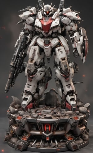 A masterpiece, a plastic model, a robot figurine stands majestically on a pedestal strewn with large and small debris, equipped with a large Gatling gun and a shield. The robot is painted in a white and red color scheme to show damage. The magnificent textures of the stunning 3D rendering are enhanced by some metallic textures. The blurred background and soft lighting make the subject stand out even more.,resin,real robot