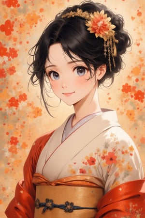 One girl, simple background, Japanese pattern background, art parody, looking at the viewer, smiling, black eyes, black hair, kimono, obi, hair accessory, oil painting style, masterpiece quality, stunning image,Oil painting style,Anime style,Oil painting style 