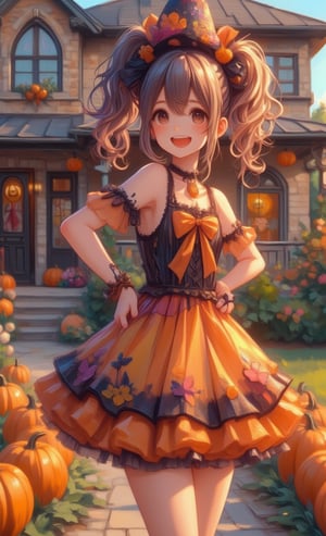 A girl is wearing a Halloween costume and posing in front of a pumpkin. She wears a colorful costume and has twin tails. In the background is a house decorated for Halloween and a row of orange pumpkins. Her expression is excited and you can feel the joy of Halloween.,oil painting,VNS_Add more details