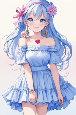 1 girl, solo, long hair, chest, looking at viewer, blushing, smiling, open mouth, bangs, blue eyes, shirt, hair accessory, jewelry, medium size chest, standing, collarbone, dress, light blue hair, ribbon, short sleeves, heart, thighs, cowboy shot, earrings, dress, off shoulder dress, ruffles, hand on cheek, long hair, flower, :o,anime style,anime girl