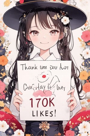 A very cute girl is holding a sign, and the sign says in English text "Thank you for 170K likes!". Text, illustration, details, realistic, kimono, floral kimono, obi, cowboy shot, Japanese pattern background, UHD, beautiful detailed eyes, beautiful details, warm smile.,acryli painting