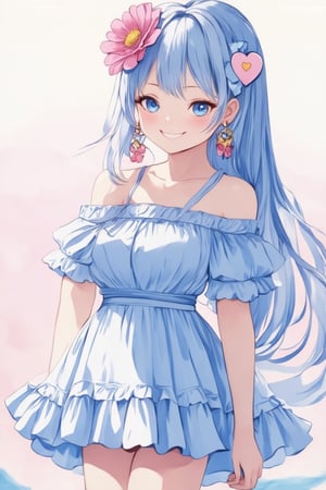 1 girl, solo, long hair, chest, looking at viewer, blushing, smiling, open mouth, bangs, blue eyes, shirt, hair accessory, jewelry, medium size chest, standing, collarbone, dress, light blue hair, ribbon, short sleeves, heart, thighs, cowboy shot, earrings, dress, off shoulder dress, ruffles, hand on cheek, long hair, flower, :o,anime style,anime girl