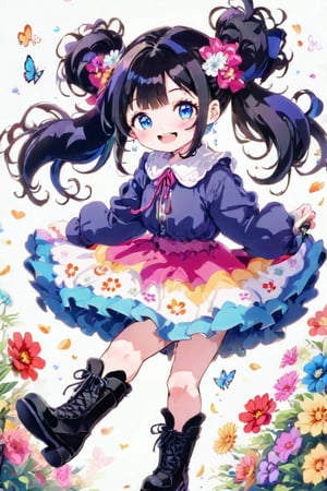 masterpiece, best quality, aesthetic, ((shot from below :1.4)), one girl, solo, looking at viewer, blushing, smiling, twintails, open mouth, bangs, blue eyes, skirt, simple background, black hair, hair accessory, long sleeves, full body, flowers, :d, multicolored hair, boots, frills, kimono, kimono-style dress, hair accessory, wide sleeves, kimono, black footwear, obi, floral pattern, red flowers, cross-laced footwear, high-heeled boots, colored inner hair,Anime style,anime,vspop,kawaii,1girl