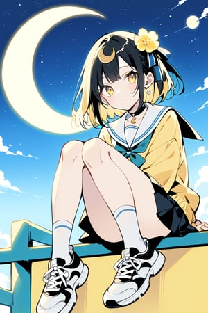 Masterpiece, Top Quality, Beautiful Feeling, One Girl, Solo, Looking at Viewer, Short Hair, Bangs, Skirt, Blonde Hair, Black Hair, Hair Accessory, Long Sleeves, Ribbon, Jewelry, Sitting, Mouth Closed, School Uniform, Full Body, Yellow Eyes, Flowers, Hair Ribbon, Multicolored Hair, Sky, Shoes, Sailor Suit, Choker, Socks, Hair Flower, Black Skirt, Sailor Collar, Black Footwear, Night, Moon, Cardigan, White Socks, Crescent Moon, Sneakers, Stars \(Sky\), Knees Up, Starry Sky, Crescent Moon, Yellow Theme,flat style