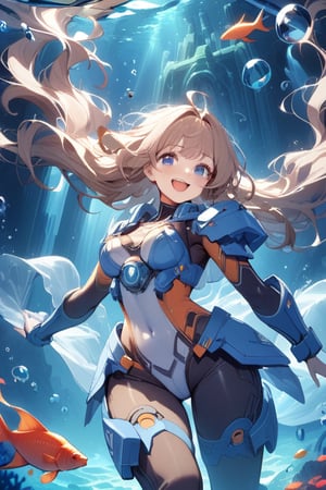 masterpiece, best quality, aesthetic, one girl, smiling, happy, open mouth, solo, chest, medium chest, looking at viewer, long hair, floating hair, bangs, cowboy shot, light brown hair, armor, blue eyes, bodysuit, fish, sci-fi, bubbles, underwater, mecha girl, bubbles. Underwater Temple,noc-mgptcls