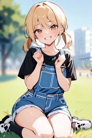 Masterpiece, Top Quality, Aesthetic, (((Background Blur: 1.5))), 1 Woman, Solo, Long Hair, Looking at Viewer, Blushing, Smiling, Bangs, Skirt, Blonde, Shirt, Hair Between Eyes, Ponytails, Brown Eyes, Collarbone, Short Sleeves, Sidelocks, Thighs, Outdoors, Shoes, Teeth, Daytime, Socks, Hands Raised, Smirking, Nails, Black Shirt, V Shape, Low Ponytails, Supporting Arms, Crouching, Grass, Denim, Short Ponytails, Black Socks, T-Shirt, Building, Overalls, Overalls Shorts,txznflat