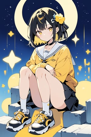 Masterpiece, Top Quality, Beautiful Feeling, One Girl, Solo, Looking at Viewer, Short Hair, Bangs, Skirt, Blonde Hair, Black Hair, Hair Accessory, Long Sleeves, Ribbon, Jewelry, Sitting, Mouth Closed, School Uniform, Full Body, Yellow Eyes, Flowers, Hair Ribbon, Multicolored Hair, Sky, Shoes, Sailor Suit, Choker, Socks, Hair Flower, Black Skirt, Sailor Collar, Black Footwear, Night, Moon, Cardigan, White Socks, Crescent Moon, Sneakers, Stars \(Sky\), Knees Up, Starry Sky, Crescent Moon, Yellow Theme,flat style