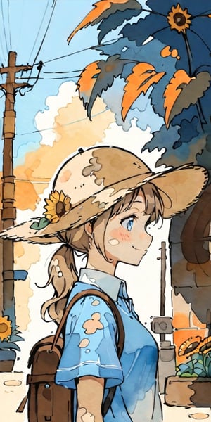 masterpiece, ((watercolor style:1.5)), ((watson paper:1.5)), 1 girl, solo, wavy hair, long hair, blushing, smiling, light brown hair, shirt, hat, blue eyes, mouth closed, white shirt, upper body, ponytail, flowers, short sleeves, outdoors, sky, daytime, off-shoulder shirt, clouds, bag, from the side, blue sky, plaid, profile, sunlight, backpack, blue shirt, plants, sunflower, wing collar, sun hat, straw hat, flower on hat, shade, (((dappled sunlight:1.7))), power line, utility pole