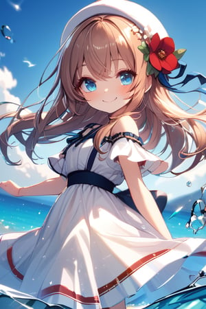 Masterpiece, beautiful details, perfect focus, uniform 8K wallpaper, high resolution, exquisite texture down to the smallest detail, \\,
One girl, solo, long hair, looking at viewer, blush, smiling, bangs, hair accessory, off-shoulder dress, dress, mouth closed, blue eyes, upper body, braids, flowers, light brown hair, short sleeves, \\,Outdoors, sky, daytime, clouds, hair flower, hood, water, white dress, from the side, blue sky, looking to the side, floating hair, sea, playing in the water,Deformed
