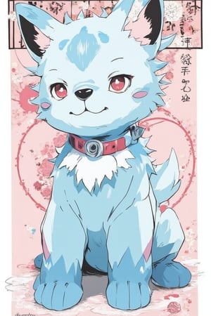 Simple background, Japanese pattern background,stuffed dog, light blue body. Blue limbs, blue tail, collar, red collar with spikes, no human, anime "Kobato", Ioryogi,acryli painting