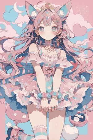 One girl, Vtuber anime character design, Love Peace Ice Cream!, an overly maximalist Vtuber character dressed in a super decorative pink lolita fashion. Her anime-style face features huge, sparkling eyes in gradient pastel colors, surrounded by incredibly long eyelashes. Her multi-layered hair cascades down in a flurry of pastel pink, purple, and blue, and is adorned with an excess of ribbons, flowers, and sparkly accessories. She wears a frilly cupcake-shaped dress in different shades of pink, covered in lace, ribbons, and frills. The dress is further decorated with candy motifs, stuffed toys, and a miniature tea set. Multiple petticoats peek out from underneath, each a different shade of pink. She wears striped stockings and platform shoes with heart-shaped buckles. Numerous bracelets, rings, necklaces, tiaras, and cat-ear headphones adorn her. The background is a dizzying collage of pastel colors.,flat style,dal-6 style,txznf,Deformed