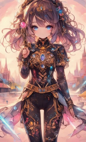 Generates an image of a beautiful young girl holding a glowing scepter at long range. She is making eye contact and sporting a gentle smile. She is wearing a very intricate skin-tight bodysuit. The bodysuit is primarily black with beautiful gold and azure accents like mystical ornaments. These ornaments are finely detailed and are placed around the shoulders, chest, waist and wrists. Her legs and arms are adorned with ornate patterns and designs. She wears an intricate tiara with glowing gemstones. The headpiece is also adorned with gold and blue jewels. Her expression is soft and ethereal, and her large expressive eyes sparkle with soft hues, reflecting the background of a pink castle landscape blurred by the shallow depth of field.,acryli painting,dal,oil painting,Anime style,colored pencil drawing