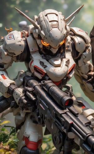 Masterpiece, plastic model, robot figure, recreates a diorama of a scene of hiding and scouting in the forest. Equipped with twin eyes, glowing eyes, crouching, kneeling, trees, lush vegetation, large Gatling gun and shield. The robot is painted in white and red color scheme. Damage expression is added to enhance the sense of realism. The magnificent texture of the stunning 3D rendering is enhanced by several metal textures. The blurred light gray background and bright lighting make the subject stand out even more. Real robot, resin,real robot,resin,create figure