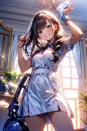 Masterpiece, high quality, perfectly focused,sharpness,dynamicrange,beautiful detailed, ((view from below)), one girl, ((cleaning up)), maid outfit with mini skirt, Dyson vacuum cleaner, cleaning, smiling, brown hair, half up knot hairstyle, hurried movements,