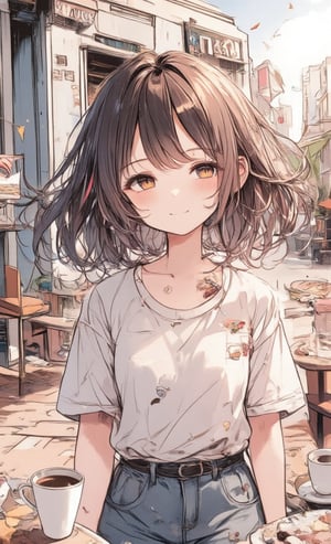 A smiling girl is enjoying chatting with friends on the terrace of a cafe. She wears a casual T-shirt and jeans, and her hair is in a soft bob. It is drawn in a sketch style, with coffee cups and sweets scattered around it. Her eyes were sparkling and she seemed to be having fun. ,colored pencil drawing,Anime style