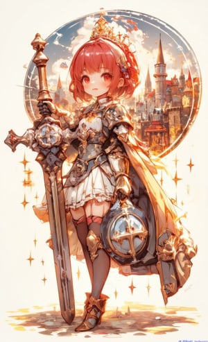 A cute smiling girl is rocking a bright red bob cut and a golden crown on her head. She wears a frilly white dress over her armor and holds a sword in one hand and a shield in the other. Behind the simple background is a double exposure of a beautiful castle scene inside a circle. The camera is angled from below to emphasize her brave stance, adding a light lens effect and a star-like effect scattered around her. .,fantasy girl,cool_Anime