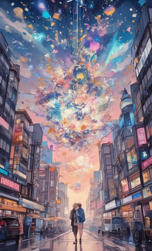 A whimsical, dreamlike scene unfolds: a cityscape at dusk, with twinkling streetlights casting a warm glow on the wet pavement. The air is filled with the sweet scent of blooming flowers and the distant hum of nightlife. As you stroll along, lost in thought, the sky suddenly transforms into a canvas of shimmering lights, swirling patterns, and wispy tendrils of iridescent color. A magical aura surrounds this mystical phenomenon, beckoning you to gaze up at the celestial display. Your eyes widen as the ethereal beauty washes over you, signaling the start of an enchanting journey as a magical girl.,acryli painting,Anime style,colored pencil drawing