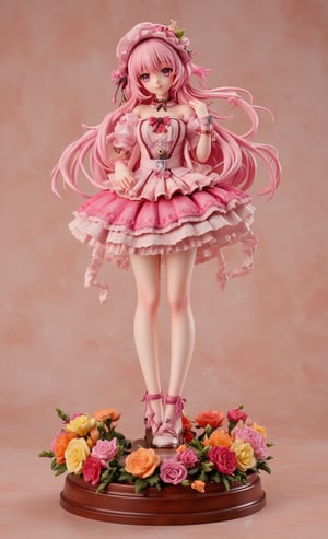 The beautiful model resin depicts a fit, anime-style girl standing majestically atop a circular wooden pedestal topped with colorful flowers. Her long, lustrous pink hair falls to her waist like a sun-soaked river. She exudes cuteness in a gothic-lolita style dress that hugs her curves. The softly lit, blurred background really makes the character stand out.,a 3D rendering of a figurine 