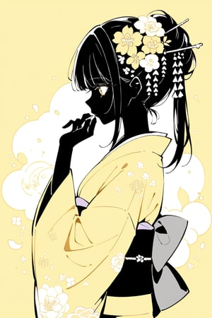 Masterpiece, Top quality, Aesthetic sense, 1 girl, Solo, Bangs, Hair ornament, Long sleeves, Silhouette, Monochrome, Upper body, Flowers, Japanese clothes, Hands up, Flowers in hair, Wide sleeves, Kimono, From the side, Obi, Petals, Profile, Colored skin, Obi, Floral pattern, Hair stick, Yellow theme,flat style