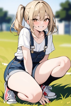 Masterpiece, Top Quality, Aesthetic, (((Background Blur: 1.7))), 1 Woman, Solo, Long Hair, Looking at Viewer, Blushing, Smiling, Bangs, Skirt, Blonde, Shirt, Hair Between Eyes, Ponytails, Brown Eyes, Collarbone, Short Sleeves, Sidelocks, Thighs, Outdoors, Shoes, Teeth, Daytime, Socks, Hands Raised, Smirking, Nails, Black Shirt, V Shape, Low Ponytails, Supporting Arms, Crouching, Grass, Denim, Short Ponytails, Black Socks, T-Shirt, Building, Overalls, Overalls Shorts,txznflat