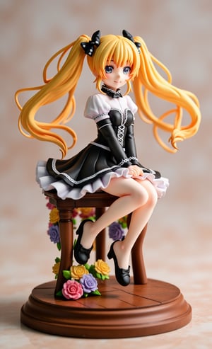 The beautiful model resin depicts a smiling anime-style girl sitting pretty atop a circular wooden pedestal topped with colorful flowers. Her long, lustrous flaxen hair is tied in twin tails and adorned with ribbons. She is dressed in a gothic-lolita style dress with a black and white color scheme that hugs her curves and exudes cuteness. The softly lit and blurred background really makes the character stand out.,a 3D rendering of a figurine 