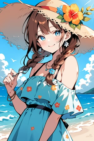 Masterpiece, Top Quality, Beautiful Feeling, 1 Woman, Solo, Long Hair, Looking at Viewer, Blushing, Smiling, Bangs, Brown Hair, Hair Accessory, Hat, Dress, Holding, Baring Shoulders, Jewelry, Mouth Closed, Collarbone, Upper Body, Braids, Flowers, Earrings, Outdoors, Food, Sky, Daytime, Clouds, Flower in Hair, Water, Necklace, Off Shoulder, Light Blue Eyes, Cup, Blue Sky, Ocean, Beach, Floral Print, Holding Cup, Hair Over Shoulder, Sun Hat, Ice Cream, Spoon, Off Shoulder Dress, Straw Hat, Off Shoulder Shirt, Flower in Hat, Summer, Holding Spoon, Shaved Ice,flat style