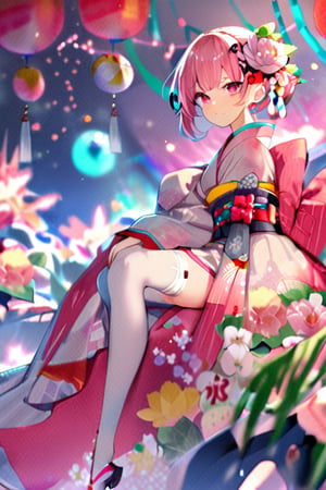 masterpiece,1girl, solo, looking at viewer, blush, short hair, bangs, hair ornament, thighhighs, long sleeves, sitting, pink hair, flower, japanese clothes, hair flower, pink eyes, kimono, star \(symbol\), obi, floral print, colorful