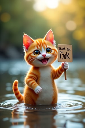 A cute smiling cat (American Shorthair) playing in the river is holding a placard in one hand. The placard says "Thank you for 170K likes!"