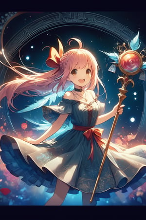 masterpiece, best quality, high quality, exquisite, detailed, beautiful, background, wonderland, flower garden, a girl, witch, cute creatures, phoenix, feather texture, smoke texture, parametric patterns, concept art, delightful, grinning, laughing, floating, flying, looking at viewer, facing right, front view, hime cut, blunt bangs, ahoge, french braids, pink hair, blonde, brown eyes, blue eyes, with irises, slender, glamorous, dress, off shoulder, undone clothing, hair ribbon, piercing, choker, necklace, ribbon, with a staff, cute face, Epic Battle Scene, Fun Scene, gradient black background, with a flower, fantasy, kawaiipunk, manga, flat illustration, heart shape, star shape, diamond shape, spiral shape, hard-edged, soft surface, gouache painting, ink drawing, sharpen, double exposure, lens flare, dramatic lighting, cinematic lighting, glowing, in focus with blurred background, dramatic contrast, pastel colors, vivid colors, pale colors, cowboy shot, front view, dutch angle shot, dynamic angle, cowboy shot, american shot, leaping figure composition, golden triangle,Deformed,noc-mgptcls