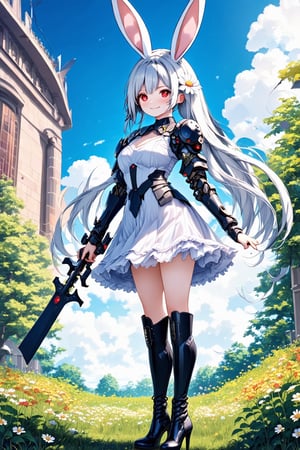 Masterpiece, Top Quality, Very Aesthetic, Absurd, Virtual YouTuber, One Girl, Solo, Long Hair, Looking at Viewer, Bangs, Hair Accessory, Red Eyes, Long Sleeves, Dress, Holding in Hand, Mechanical Animal Ears, Very Long Hair, Mouth Closed, Standing, Upper Body, Weapon, Armor, Flower, White Hair, Boots, Outdoors, Daytime, Flower in Hair, Black Footwear, White Dress, Mechanical Bunny Ears, High Heels, White Flower, Building, Mechanical Bunny, Mecha Girl,