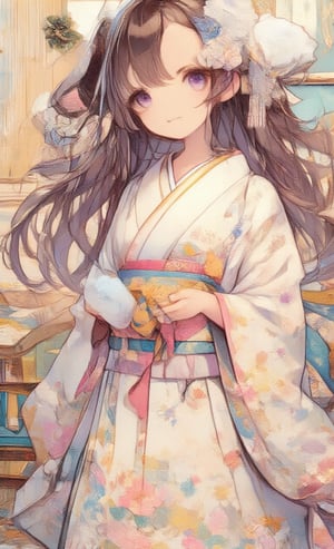 long hair, looking at viewer, blushing, bangs, multiple girls, brown hair, black hair, hair accessory, long sleeves, grabbing, (2 girls: 1.3), (back to back: 1.2), purple eyes, ahoge, side locks, food, Japanese clothing, looking back, kimono, obi, floral pattern, holding food, cotton candy, yukata, white kimono, stairs, railing,oil painting,acryli painting,Anime style,Made of adrr-zllj,colored pencil drawing