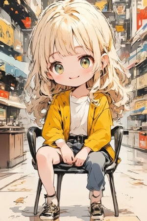  a cute manga-style deformed monochrome chibi girl with platinum blonde hair and green eyes,full body portrait,she is sitting on chair with cute smile,Ideological propaganda posters, retro collages,innovative color scheme,2D flat color,insanely-detailed retro collages background,acryli painting,Chibi-chan