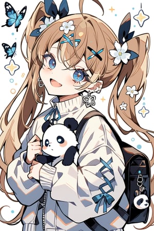 masterpiece, best quality, beautiful feel, 1 girl, solo, long hair, looking at viewer, blushing, smiling, open mouth, bangs, light brown hair, pigtails, hair accessory, ribbon, blue eyes, long sleeves, white background, holding, jewelry, very long hair, jacket, upper body, flower, ahoge, :d, earrings, hair clip, hair flower, bag, sleeves to wrist, stuffed animal, white jacket, backpack, stuffed animal, bug, x hair accessory, white flower, butterfly, puffy long sleeves, panda,flat style