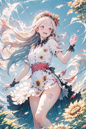 Fantastic, dream-like illustrations depict a girl putting a wreath on her head, laughter echoing in a poppy field drenched in sunlight, the rustle of silk swaying in a flowing dress, and a whimsical and carefree atmosphere. Did. Soft pastel colors and delicate lines that convey a sense of magic and joy, compositions, pastels and watercolors that focus on the girl's joyful expression and the swirling movement of the flowers around her,perona,pastel