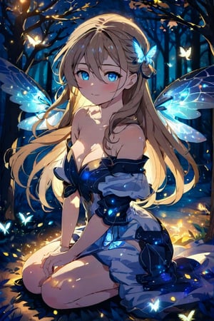 One girl, patchwork style, double exposure, blurred, hazy background, solo, long hair, light brown hair, floating hair, hair ornament, medium bust, cleavage, collarbone, exposed shoulders, dress, off-shoulder dress, sitting, wariza, blue eyes, wings, tree, insects, fireflies, luminescence, thighs, bare tree, abstract,Anime style,kawaii,1girl,vspop,anime