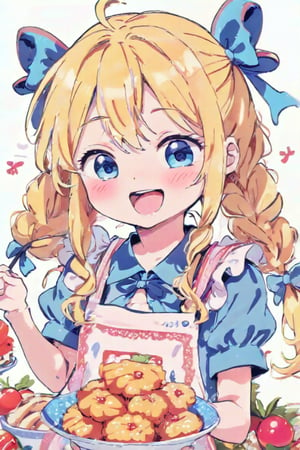 1 girl, solo, long hair, looking at viewer, simple background, blushing, smiling, mouth open, bangs, blue eyes, blonde hair, dress, ribbon, bow, holding, pigtails, blue eyes, hair ribbon, short sleeves, :d, hair ribbon, frills, food, puffy sleeves, apron, arms up, puffy short sleeves, fruit, blue dress, animals, blue ribbon, frilly dress, white apron, plate, cake, frilly apron, mini girl, rabbit, strawberry, giant fork, holding fork, Alice \(Alice in Wonderland\),Anime style,1girl,kawaii,vspop