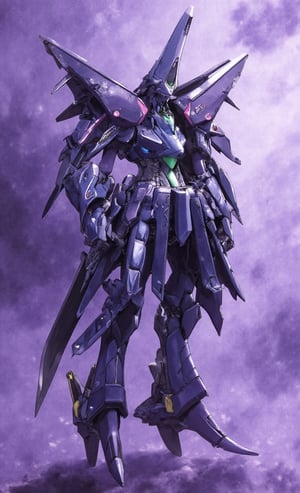 Futuristic warrior robot stands tall amidst swirling purple mist, chest armor glowing translucent green. Twin pink sensors flank its head, as a single antenna extends from the back, splitting into two sharp tips. Claws adorn its sleeves, while a hero's sword hangs at the ready in its hand. Legs seamlessly integrate with hovering base, giving illusion of weightlessness. Iridescent wings stretch from its back, punctuated by three sharp claws on its feet, exuding strength and power. Soft, ethereal lighting highlights complex textures, armored beast elements and misty landscape.,acryli painting