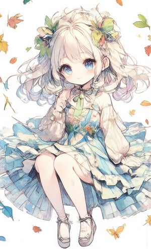 one girl, solo, long hair, looking at viewer, smiling, happy, mouth open, bangs, simple background, long sleeves, white background, dress, holding in hand, pigtails, blue eyes, sitting, full body, white hair, multicolored hair, sleeves removed, green hair, green gradient leaf frill, dress, :o, striped hair, gradient hair, leaves, white footwear, wand with leaf tip, leaf hair accessory,acryli painting,Anime style,ct-animepopstyle,colored pencil drawing,Chibi-chan