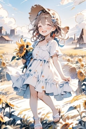 masterpiece, top quality, aesthetic, (watercolor style: 1.5), 1 girl, solo, long hair, looking at viewer, (cowboy shot: 1.3), blushing, smiling, happy, open mouth, brown hair, dress, holding in hand, standing, pink hair, braids, flowers, short sleeves, outdoors, blue clear eyes, sky, teeth, daytime, puffy sleeves, clouds, white dress, twin braids, blue sky, puffy short sleeves, petals, sandals, standing, ;d, sunflower, sunflower field, holding bouquet, field,Deformed