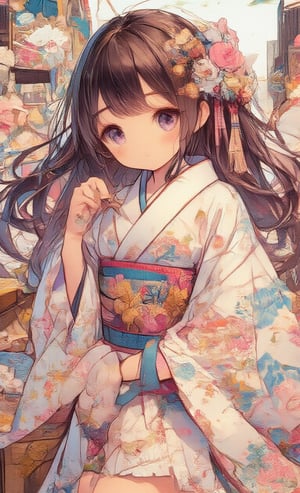 long hair, looking at viewer, blushing, bangs, multiple girls, brown hair, black hair, hair accessory, long sleeves, grabbing, (2 girls: 1.3), (back to back: 1.2), purple eyes, ahoge, side locks, food, Japanese clothing, looking back, kimono, obi, floral pattern, holding food, cotton candy, yukata, white kimono, stairs, railing,oil painting,acryli painting,Anime style,Made of adrr-zllj,colored pencil drawing