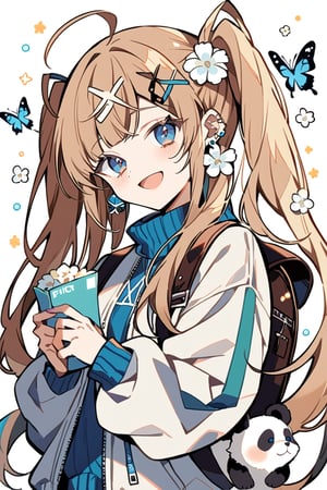 masterpiece, best quality, beautiful feel, 1 girl, solo, long hair, looking at viewer, blushing, smiling, open mouth, bangs, light brown hair, pigtails, hair accessory, ribbon, blue eyes, long sleeves, white background, holding, jewelry, very long hair, jacket, upper body, flower, ahoge, :d, earrings, hair clip, hair flower, bag, sleeves to wrist, stuffed animal, white jacket, backpack, stuffed animal, bug, x hair accessory, white flower, butterfly, puffy long sleeves, panda,flat style