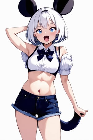 masterpiece, best quality, very beautiful, absurd, score 9 up, score 8 up, score 7 up, anime style,
one girl, solo, breasts, staring at viewer, blushing, short hair, open mouth, blue eyes, simple background, shirt, white background, ribbon, belly button, animal ears, cleavage, exposed shoulders, jewelry, medium breasts, standing, tail, white shirt, white hair, short sleeves, thighs, earrings, small breasts, sleeveless, shorts, stomach, puffy sleeves, bow tie, belly, crop top, fur trim, shorts, clothing cutouts, thigh straps, high leg, black shorts, fur collar, denim shorts, mouse ears, mouse tail, cut offs, mouse girl,Ye11owst0ne