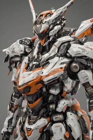 Masterpiece, photorealistic, robot figure, mecha, white and orange body color, mecha, cool robot, stunning 3D rendering, spectacular textures, viewer display, metal textures, cool pose, detailed images, diorama, 8K wallpaper quality, stunning images.--3:4,a 3D rendering of a figurine,resin,real robot