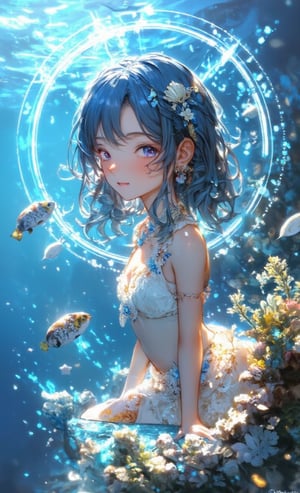 A cute smiling girl has wavy blue hair and is wearing a seashell hair ornament. She is wearing a white bikini-style dress and is surrounded by glistening fish in the crystal clear ocean. The background is a simple water tone, and inside the circle is a double exposure of a beautiful coral reef scene. The camera is angled from underwater, adding a light refraction effect and a bubble effect floating around. .,fantasy girl,cool_Anime