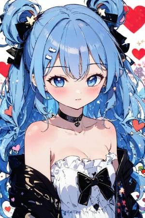 masterpiece, best quality, aesthetic, one girl, solo, long hair, looking at viewer, blush, bangs, blue eyes, dress, bow, ribbon, bare shoulders, closed mouth, blue hair, collarbone, jacket, hair ribbon, upper body, heart, frills, open clothing, sleeveless, virtual youtuber, off shoulder, open jacket, two side up, v shaped eyebrows, head tilted, sleeveless dress, blue dress, white jacket, :t, pouting,Anime style,1girl,vspop,flat style,hand drawn