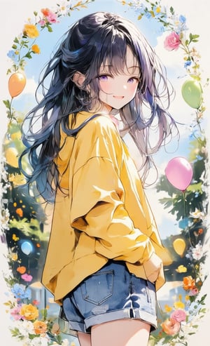 A girl with a bright smile has a random medium wave hairstyle with a blue and purple gradation. She is standing in a park, casually dressed in denim shorts and a bright yellow hoodie. Colorful balloons are floating around. The camera angle captures her from behind, looking over her shoulder, and captures her smile as she looks back. The image is surrounded by a white delicate floral decorative frame, creating a soft and fun atmosphere. ,acryli painting,Anime style,cool_Anime