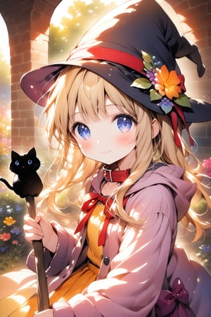 A cute cartoon-style witch with blonde hair and blue eyes, showing a confident expression. She wears a black hat with a red ribbon, holds a broom in her right hand, and rests her left hand on the broomstick. His right hand is in his pocket, and a black cat with a red collar is sitting next to him. In the background, colorful flowers are blooming in front of an old brick wall, and the words "200K!! Thank you for the likes!" appear surrounded by warm light. This scene invites the viewer into a magical world. .,watercolor \(medium\),Detail,ink paint